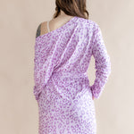 Back side of Women's lounge robe in Thistle Leopard print on a beige background