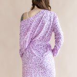 Back side of Women's lounge robe in Thistle Leopard print on a beige background