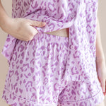 Women's Short sleeve pajama set shorts in Thistle Leopard print on a beige background ---1615 3
