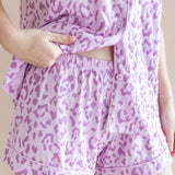 Women's Short sleeve pajama set shorts in Thistle Leopard print on a beige background ---1615 3