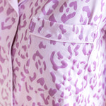 Women's Short sleeve pajama set shirt with pocket in Thistle Leopard print on a beige background 