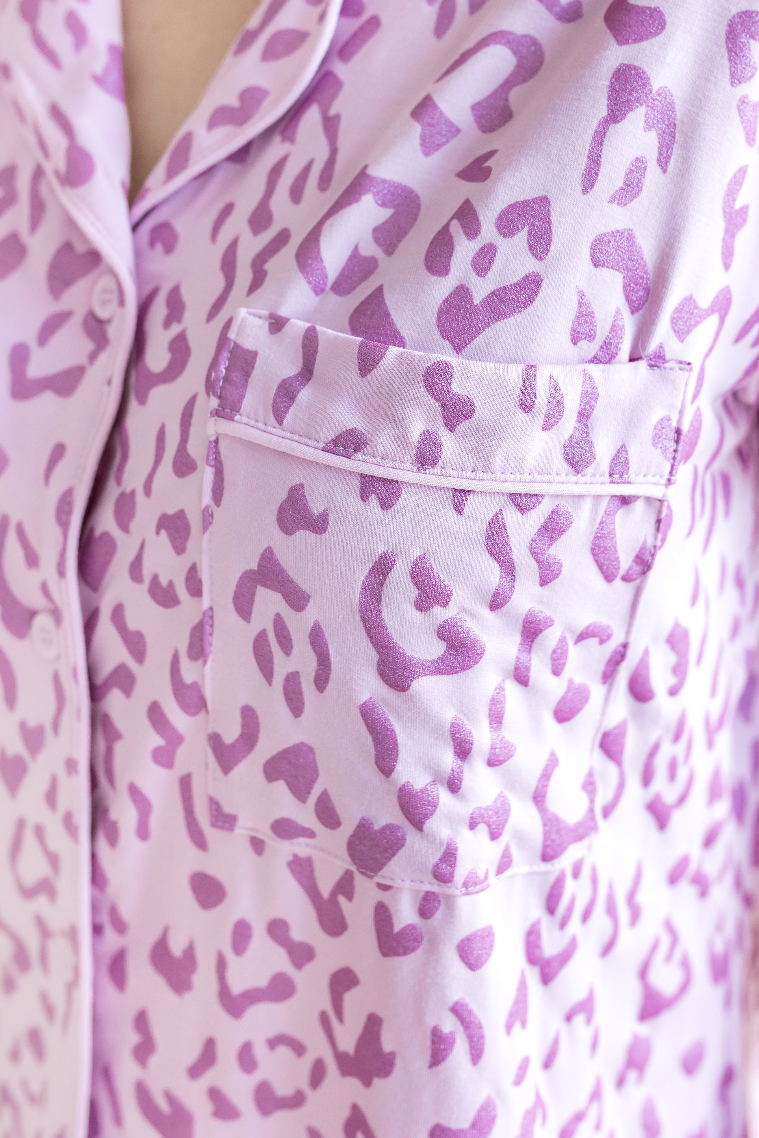 Women's Short sleeve pajama set shirt with pocket in Thistle Leopard print on a beige background 