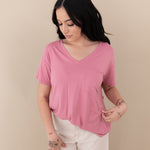 Woman modeling Women’s Relaxed Fit V-Neck in Apple Blossom
