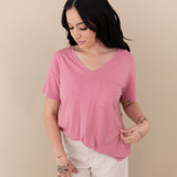 Woman modeling Women’s Relaxed Fit V-Neck in Apple Blossom