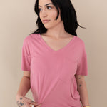 Woman modeling Women’s Relaxed Fit V-Neck in Apple Blossom