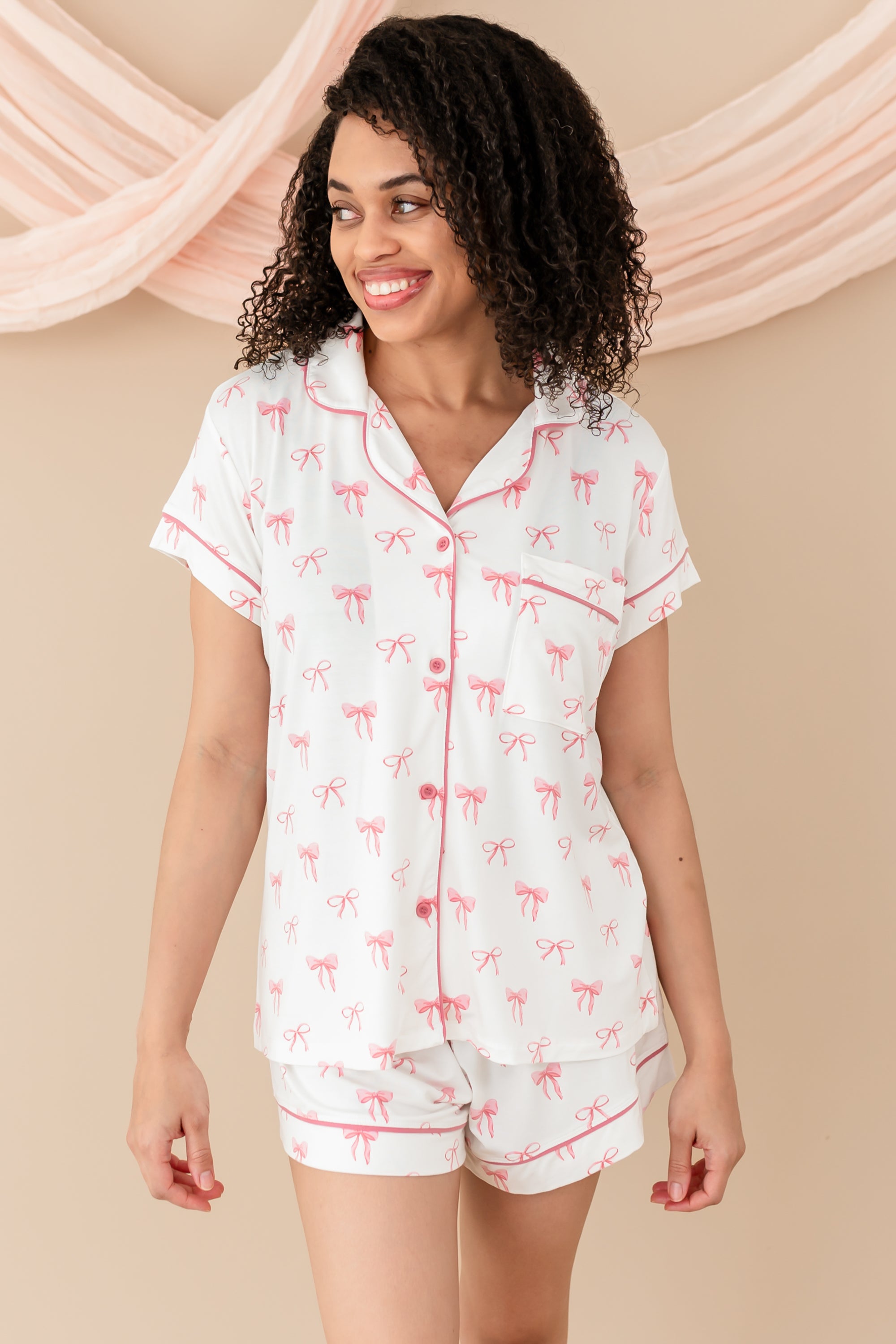 Woman modeling Women’s Short Sleeve Pajama Set in Bow 