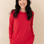 Woman modeling Women's Jogger Pajama Set in Cardinal close up
