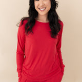 Woman modeling Women's Jogger Pajama Set in Cardinal close up