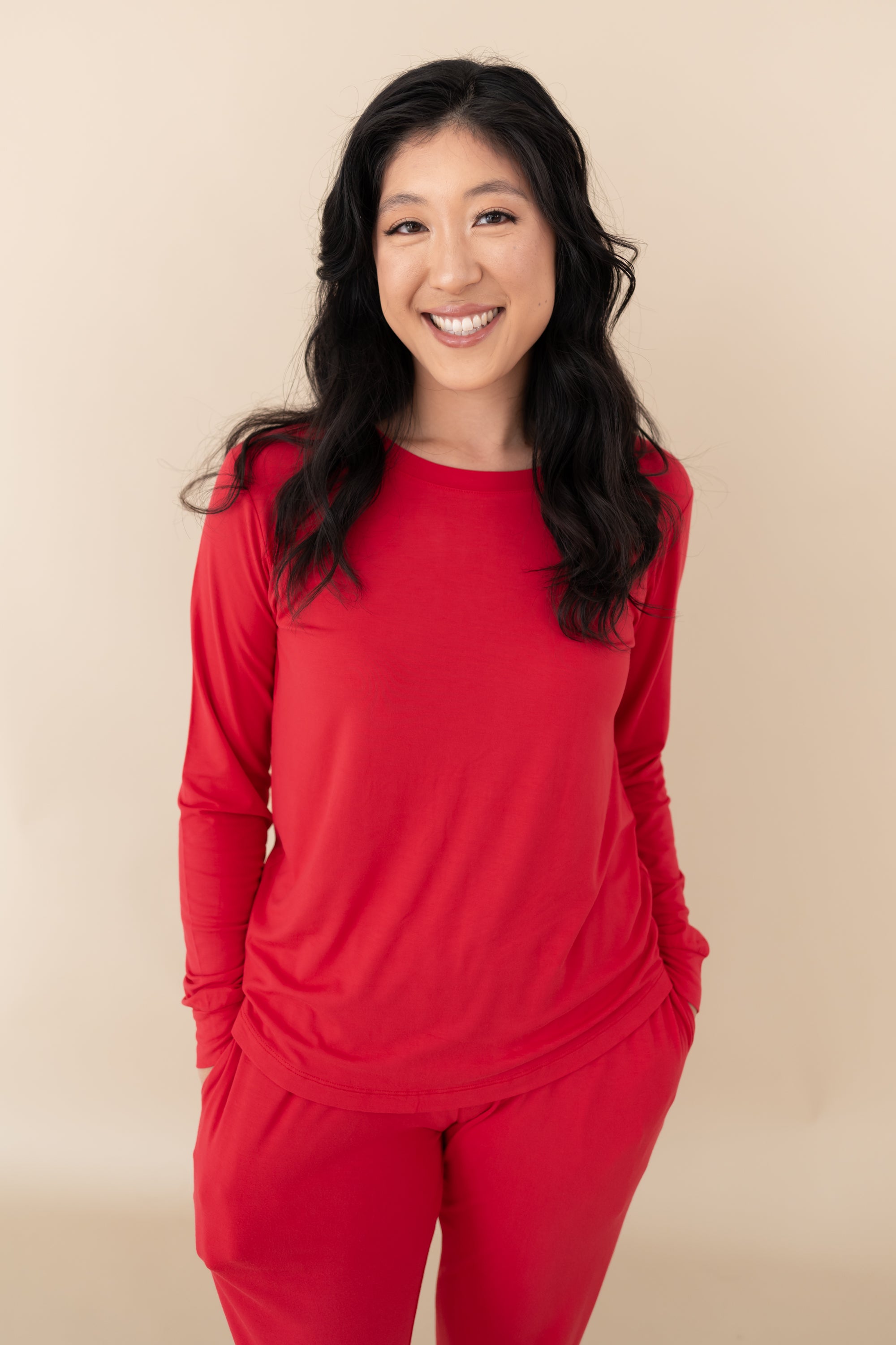 Woman modeling Women's Jogger Pajama Set in Cardinal close up