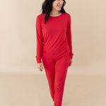 Woman modeling Women's Jogger Pajama Set in Cardinal