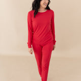 Woman modeling Women's Jogger Pajama Set in Cardinal