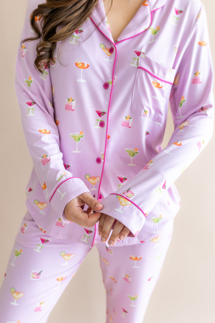 Close up of the top from the  Long-Sleeved Women's Pajama Set in Cocktail