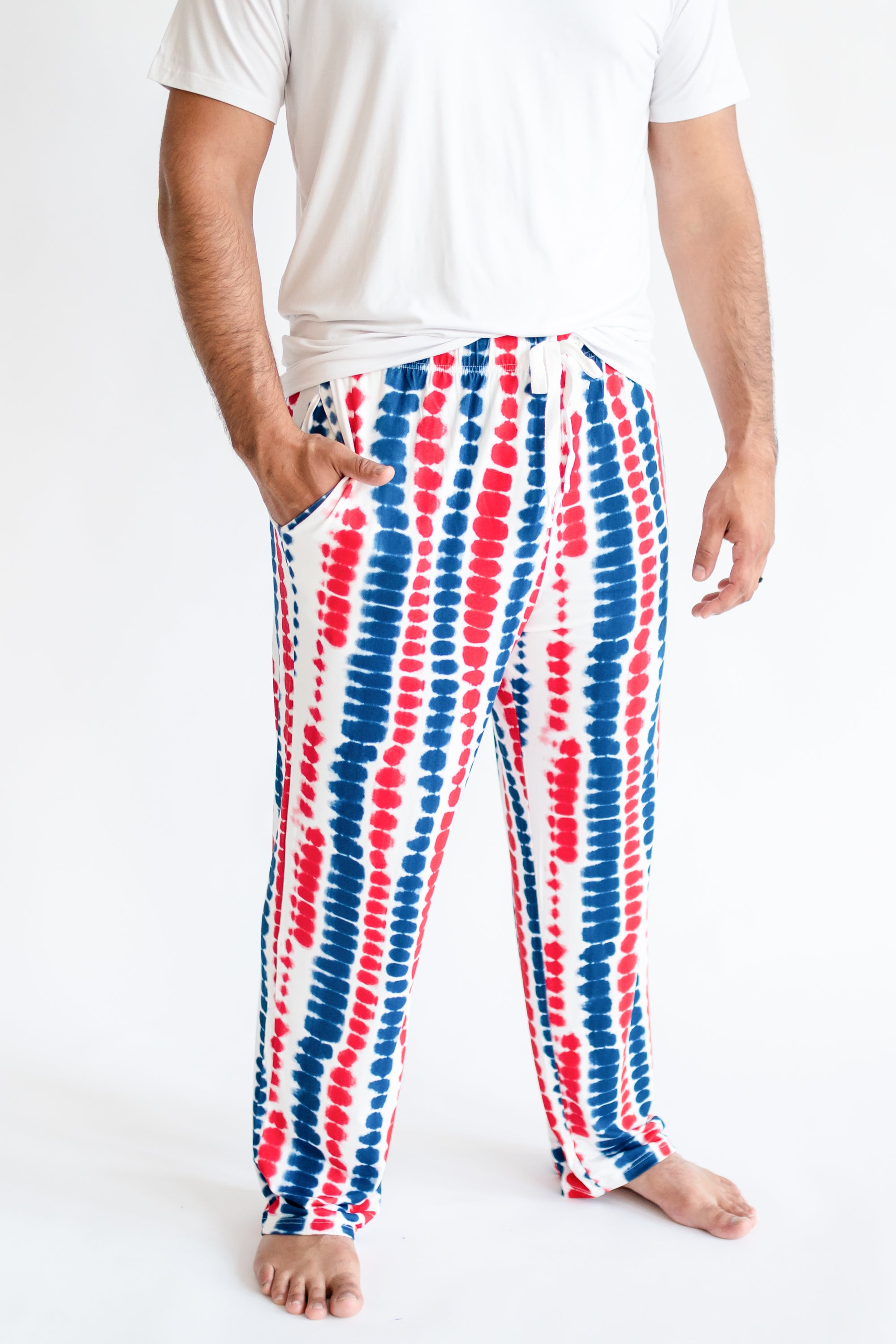Close up of  man modeling Men's Lounge Pants in Liberty Rip Tide