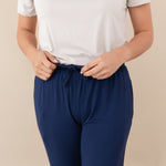Close up of Women's Lounge Pants in Navy showing tie waist