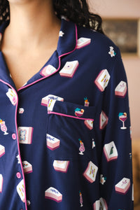 Close up of the pocket and top of the Long-Sleeved Women's Pajama Set in Navy Mahjong 
