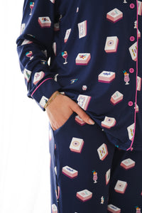Close up of the pocket on the bottoms of the Long-Sleeved Women's Pajama Set in Navy Mahjong