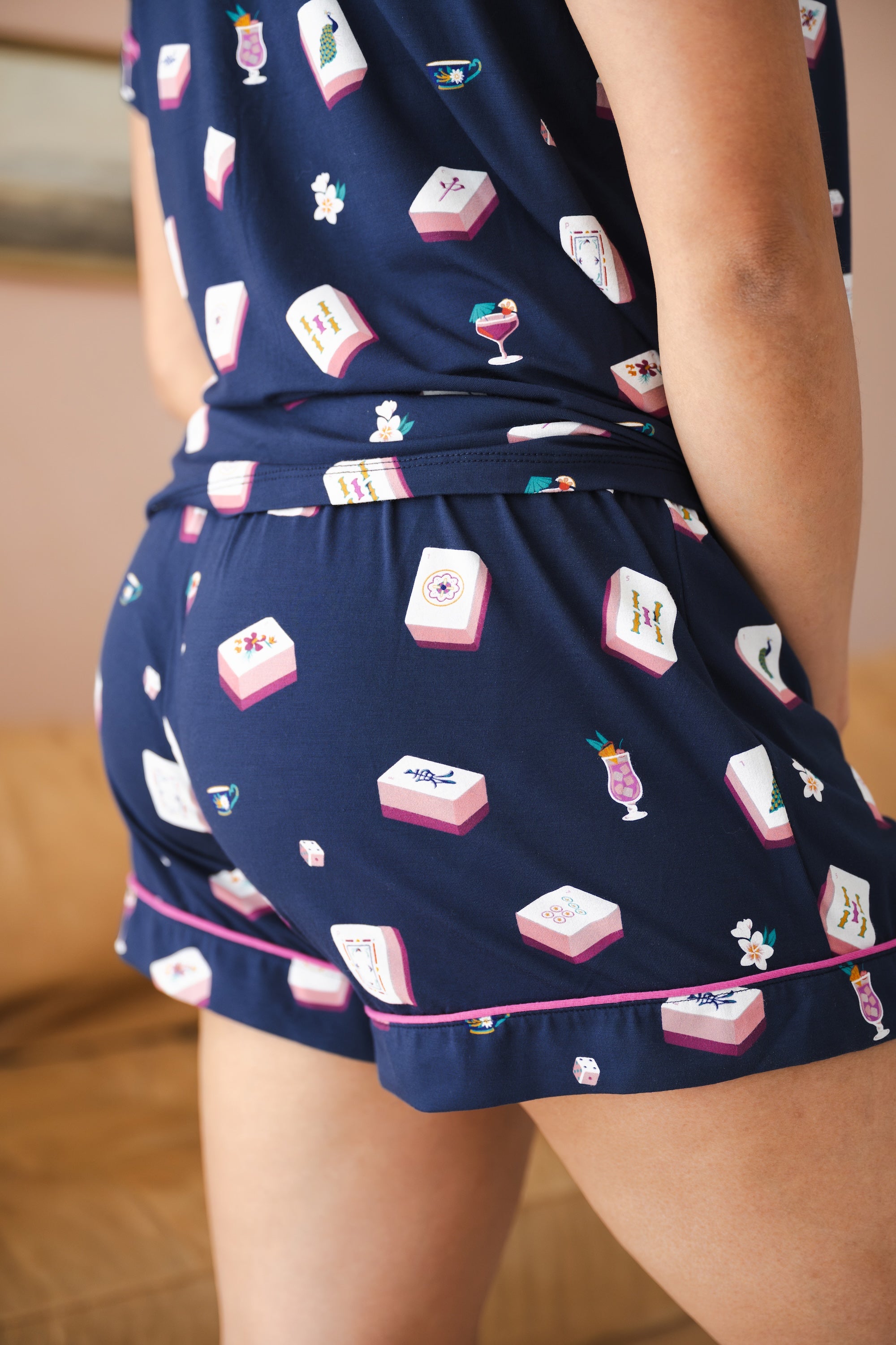 Close up of the back side of the shorts on the Navy Mahjong
