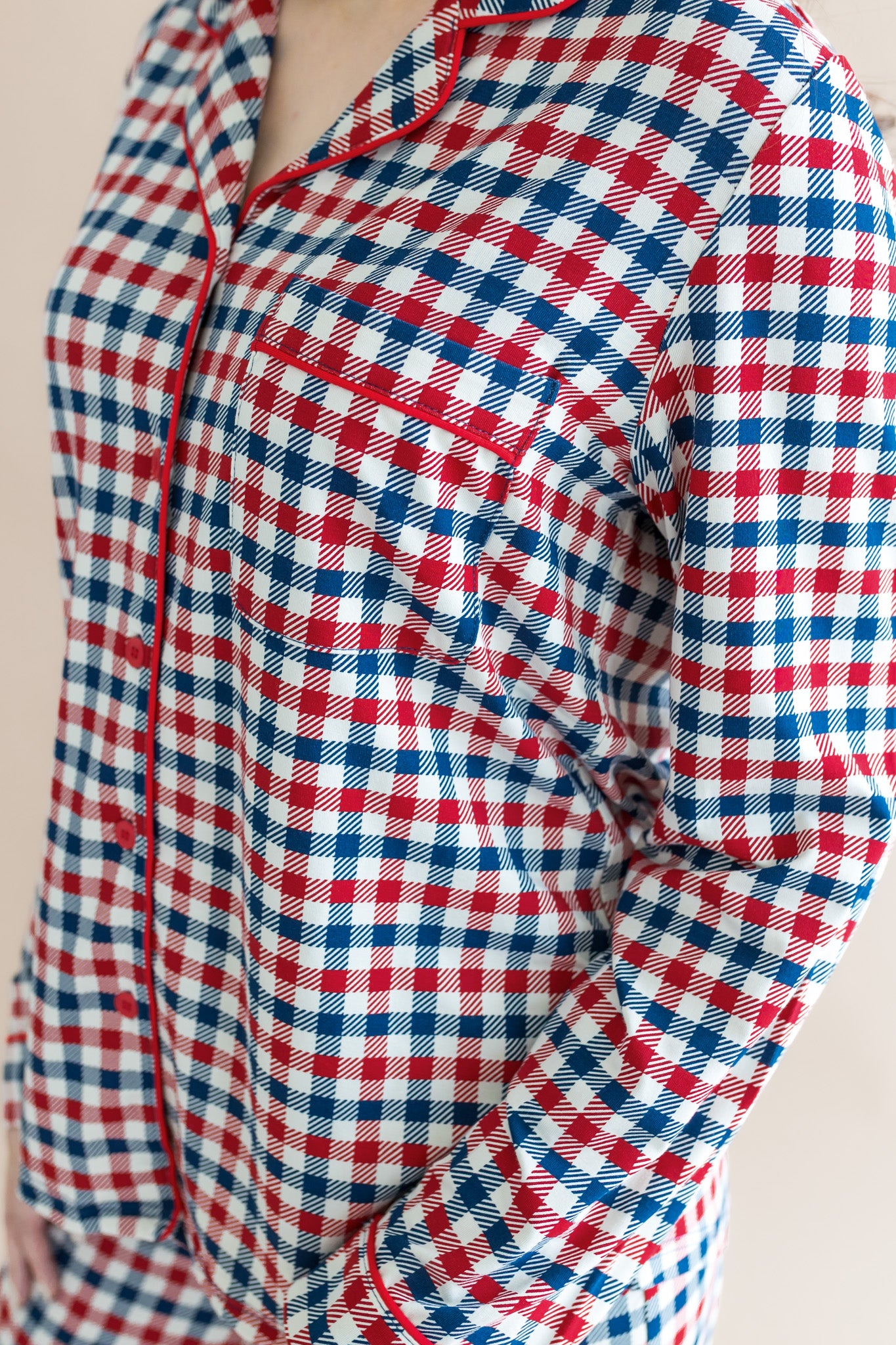 Close up of the top from the Long-Sleeved Women's Pajama Set in Patriotic Gingham 