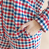 Close up of the pocket on the bottoms of the Long-Sleeved Women's Pajama Set in Patriotic Gingham print