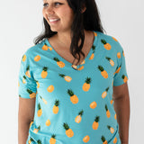 Woman modeling Women’s Relaxed Fit V-Neck in Pineapple