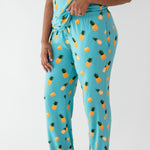 Woman modeling Women's Lounge Pants in Pineapple close up