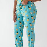 Woman modeling Women's Lounge Pants in Pineapple close up