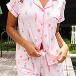 Close up of the  Women's Short Sleeve Pajama Set in Sakura Ice Cream on a model 