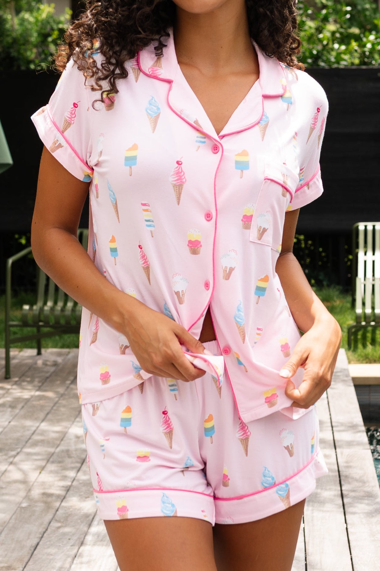 Close up of the  Women's Short Sleeve Pajama Set in Sakura Ice Cream on a model 