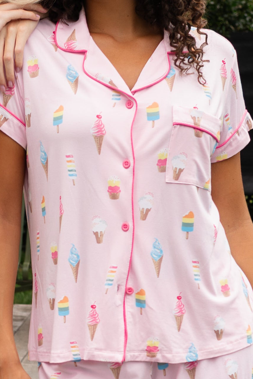 Close up of the top from the Short Sleeve Pajama Set in Sakura Ice Cream