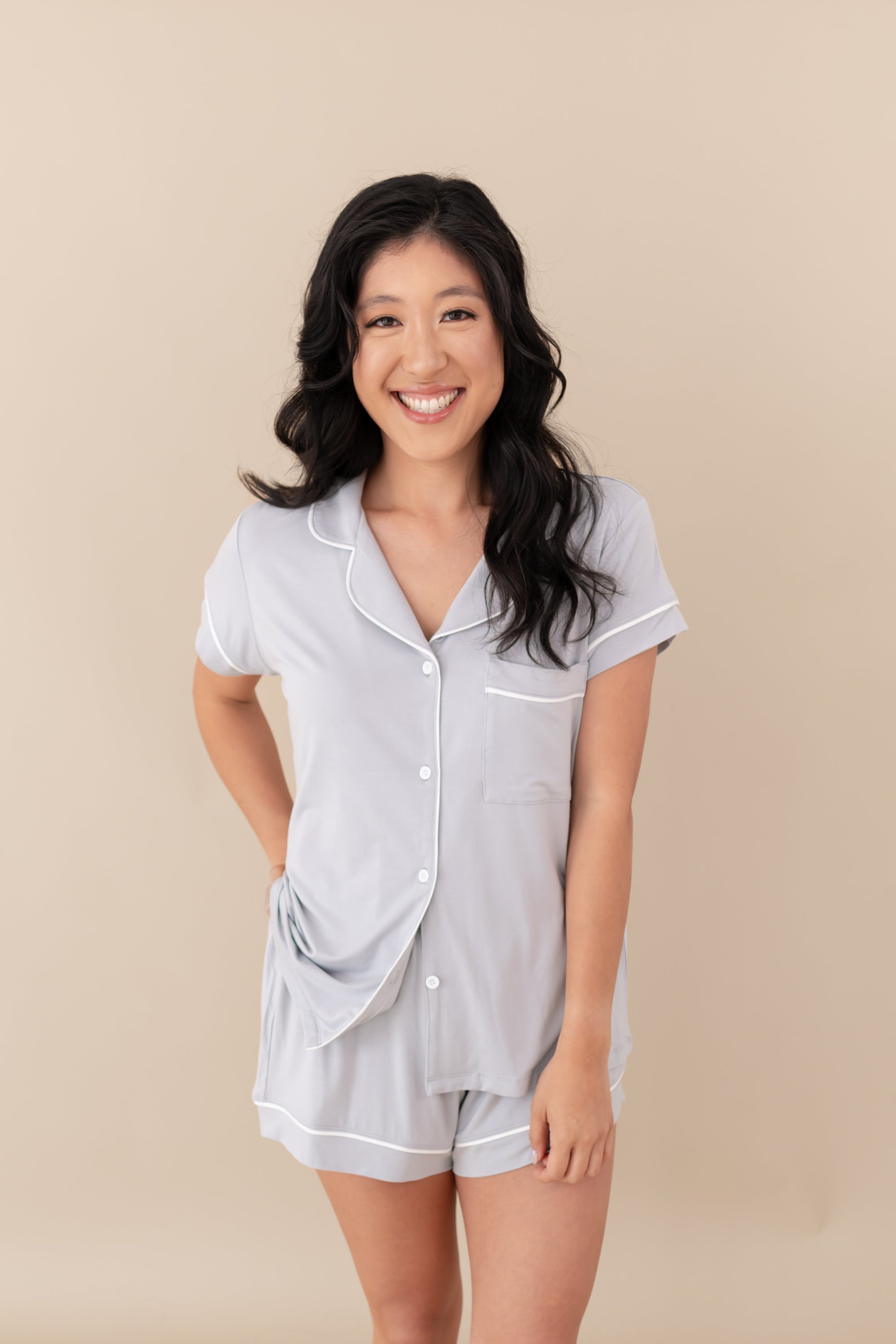 Woman modeling Women’s Short Sleeve Pajama Set in Storm with Cloud Trim