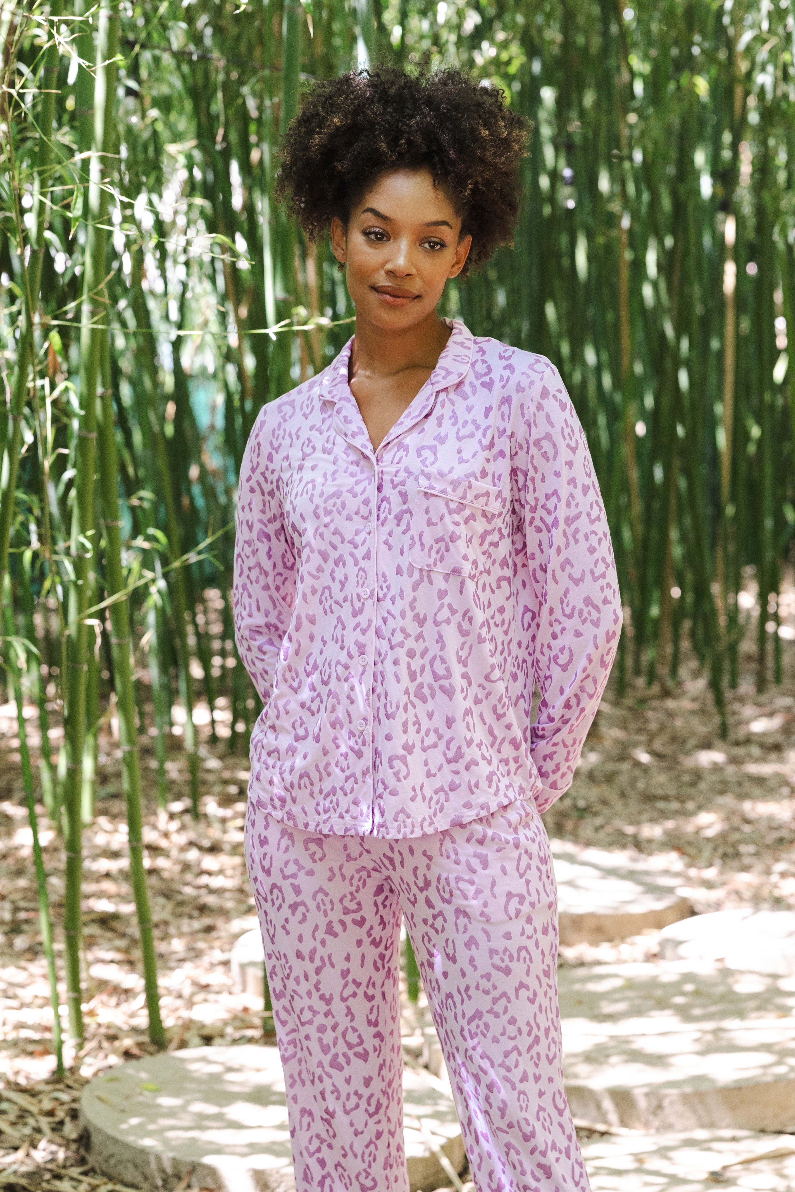 Model wearing Thistle Leopard print Women's Long Sleeve Pajama Set ---1605 1