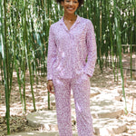 Model smiling in Women's Long Sleeve Pajama Set in Thistle Leopard print ::: Model is 5'9"" wearing size S ///