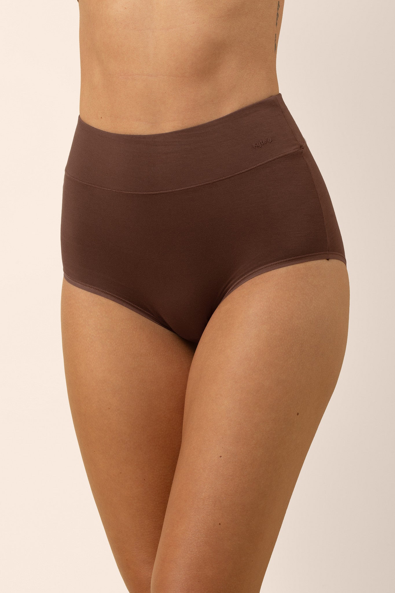 Brown high-waisted underwear worn by a person on a beige background