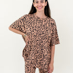 Women smiling wearing the Biker Short Set in Latte Leopard