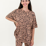 Women smiling wearing the Biker Short Set in Latte Leopard