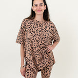 Model wearing the Women's Biker Short Set in Latte Leopard