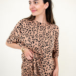 Close up of Biker Short Set in Latte Leopard