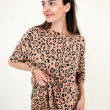 Close up of Biker Short Set in Latte Leopard