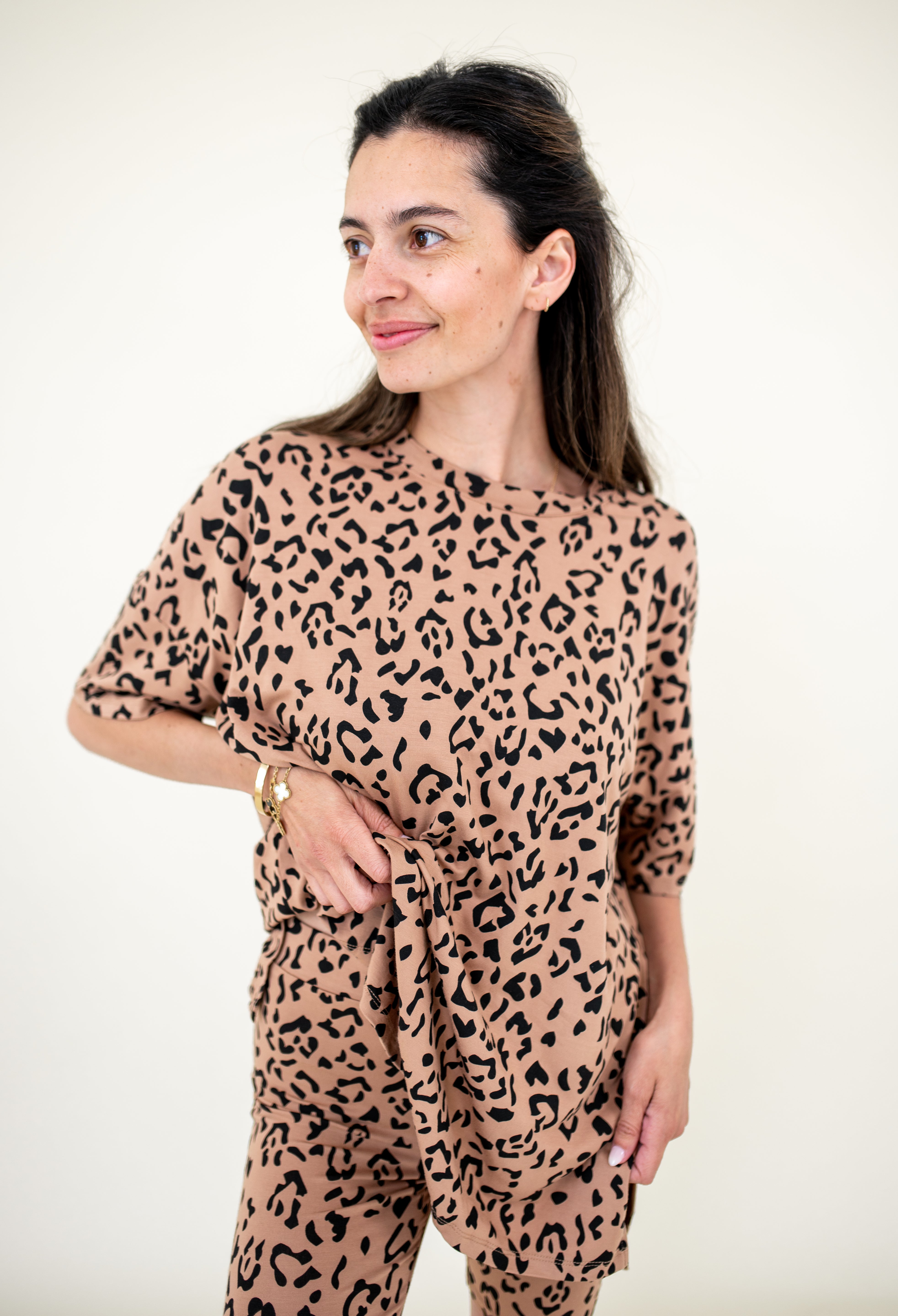 Close up of Biker Short Set in Latte Leopard