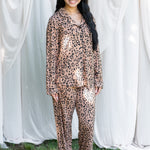 Model wearing the Long Sleeve Pajama Set in Latte Leopard