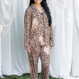 Model wearing the Long Sleeve Pajama Set in Latte Leopard