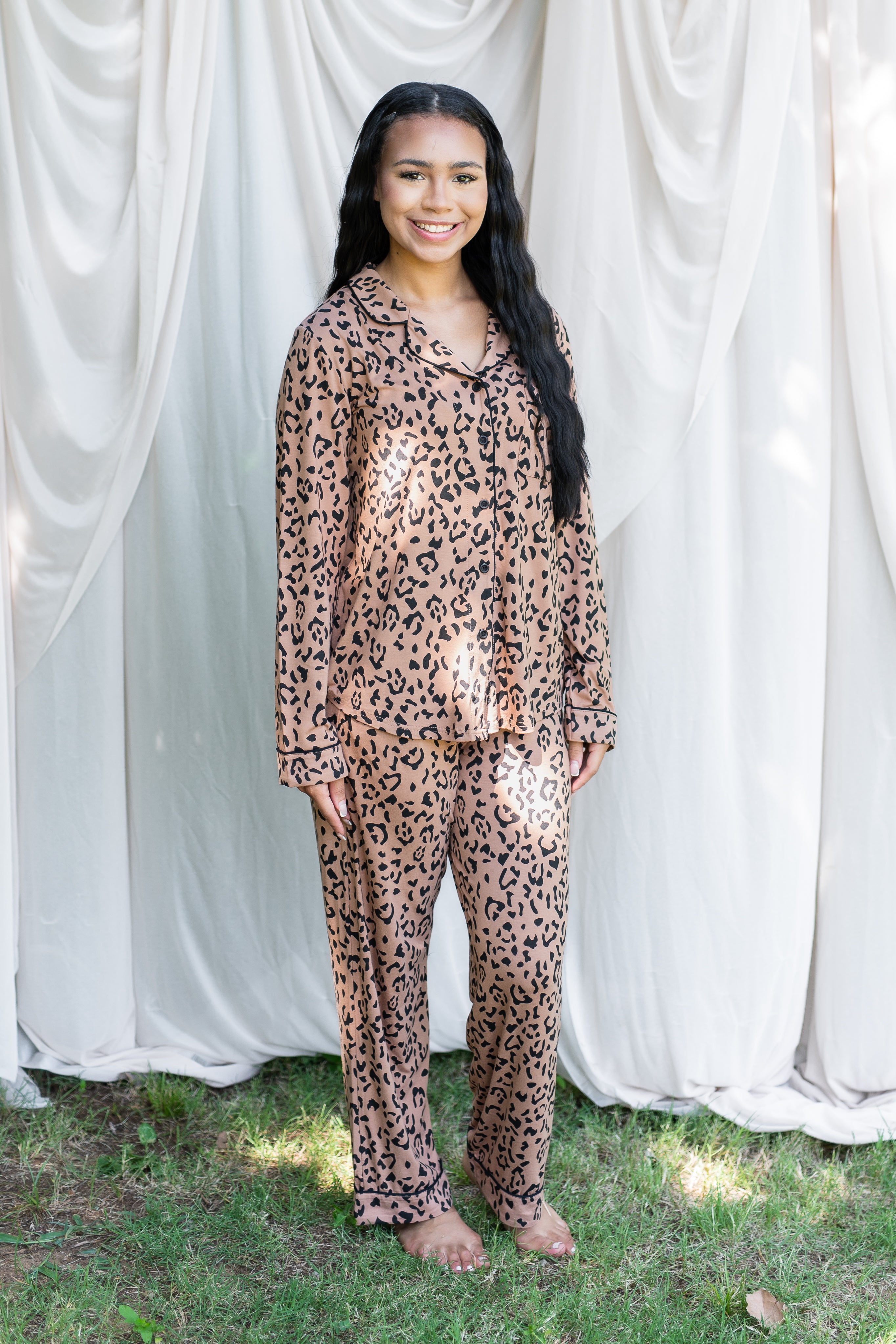 Model wearing the Long Sleeve Pajama Set in Latte Leopard