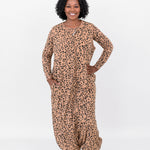 Woman modeling the Kyte Adult Sleep Bag Walker in Latte Leopard