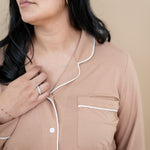 Close up of the top of the Women's Long Sleeve Pajama Set in Latte