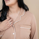 Close up of the top of the Women's Long Sleeve Pajama Set in Latte