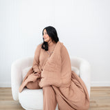 Long-Sleeved Women's Pajama Set in Latte with Cloud Trim