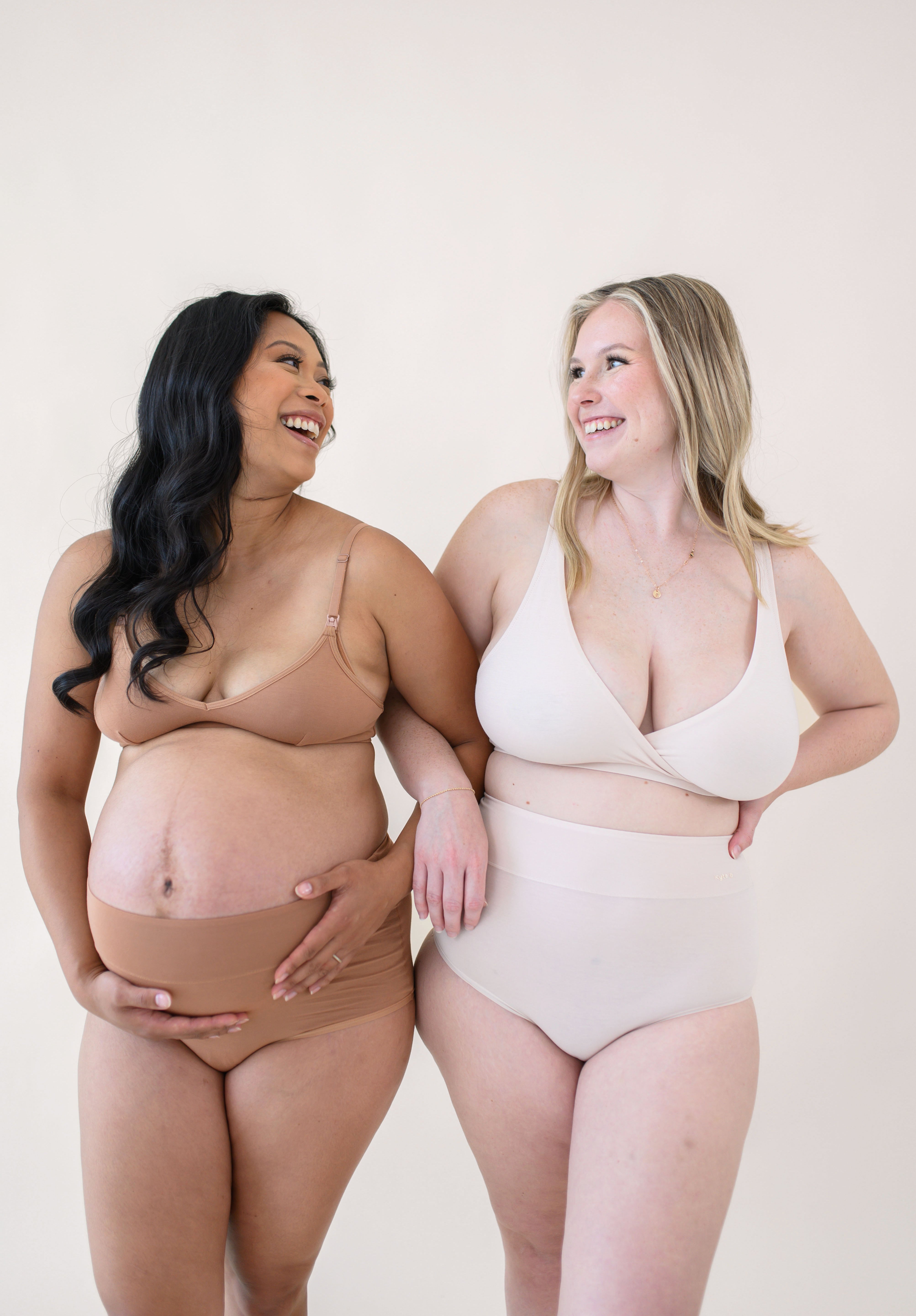 Two women modeling Women's High-Waisted Brief in Latte and Blonde