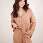 Close up of the shirt of the Long-Sleeved Women's Pajama Set in Latte with Latte Trim shown on a model