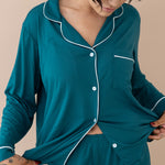 Close up of button closure and fabric om Women's Long Sleeve Pajama Set in Loch with Cloud Trim