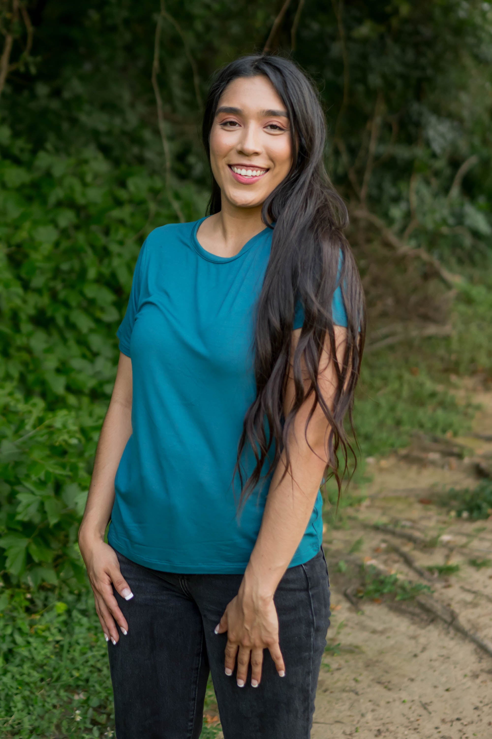 Female wearing the Women's Crew Neck Tee in Loch